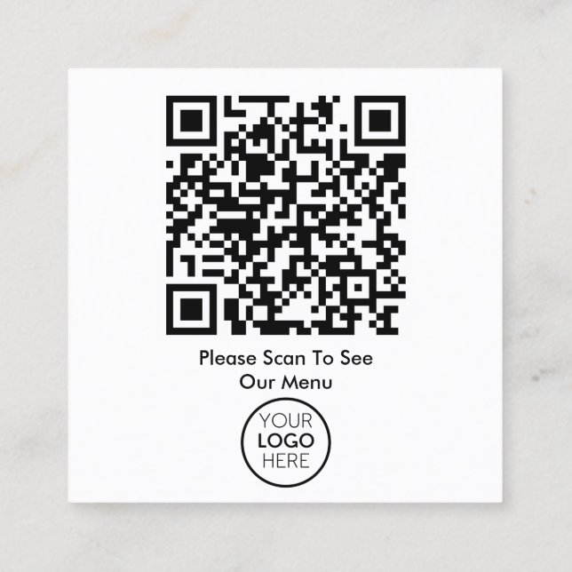  QR Code Black White Menu Logo Contactless Modern  Square Business Card (Back)