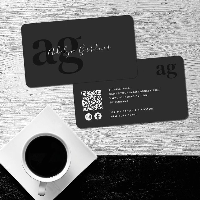 QR Code Black White Monogram Script Social Media Business Card (Creator Uploaded)