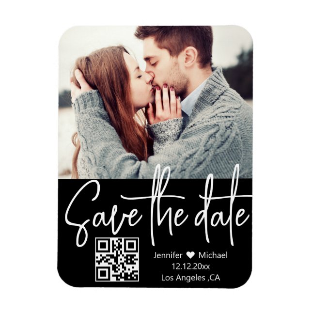 qr code black white wedding photo save the date magnet (Vertical)