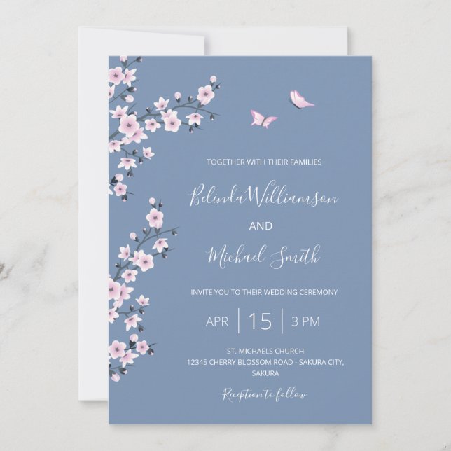 QR Code Blue Cherry Blossom | Chinese Wedding Invitation (Front)