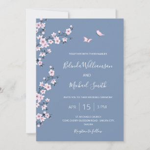 QR Code Blue Cherry Blossom Chinese Wedding Invitation