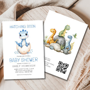 QR Code Blue Dinosaur Hatching Soon Baby Shower Invitation