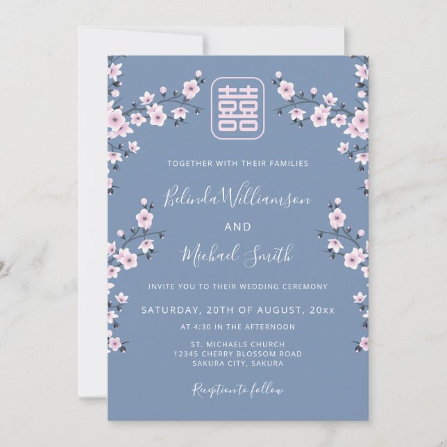 QR Code Blue Dusty Pink | Chinese Wedding Invitation (Front)