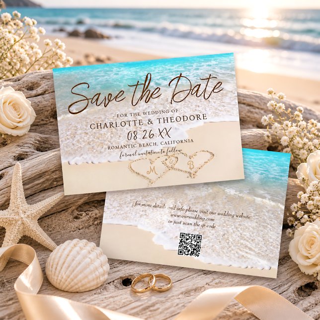 QR Code Blue Ocean Waves Tropical Beach Wedding Save The Date (Creator Uploaded)