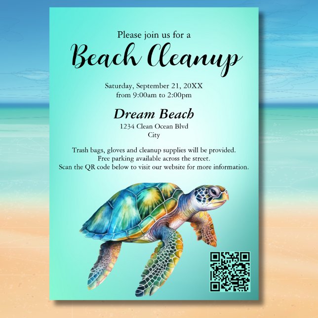 QR Code Blue Sea Turtle Beach Cleanup Event Invitation (Creator Uploaded)