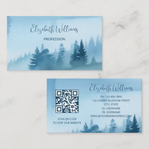 QR Code Blue  Watercolor Pine Forest Business Card