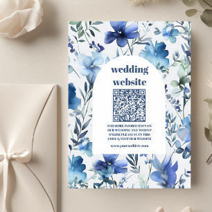 qr code Blue Watercolor Wildflowers Wedding Enclosure Card