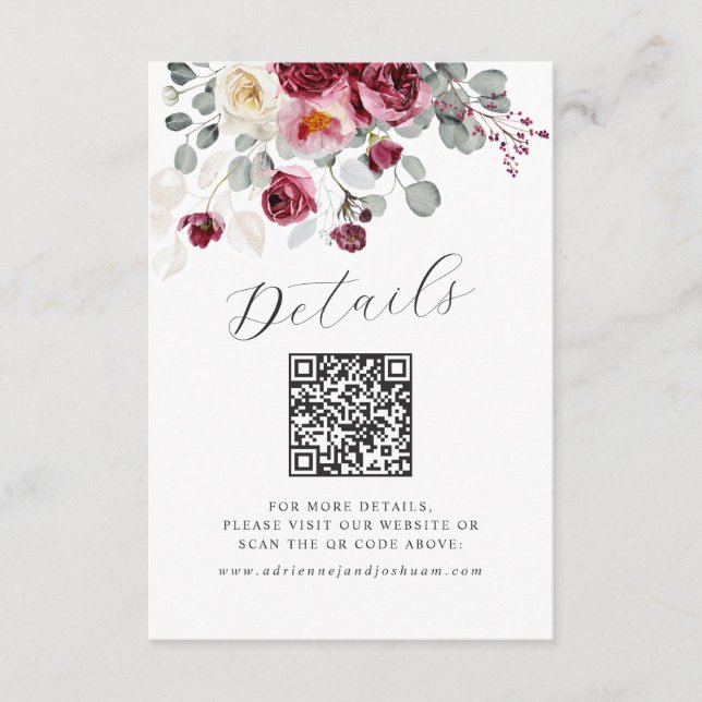 QR Code Blush & Burgundy Floral Wedding Details Enclosure Card (Front)
