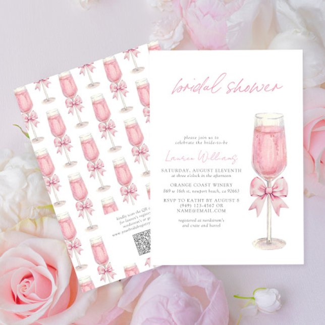 QR Code Blush Pink Bow Champagne Bridal Shower Invitation (Creator Uploaded)