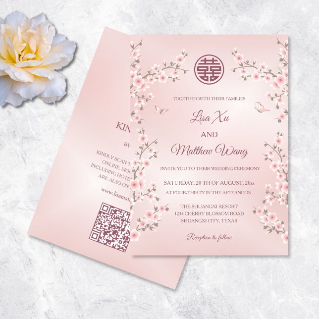 QR Code Blush Pink Cherry Blossom Chinese Wedding Invitation (Creator Uploaded)