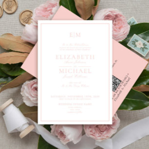 QR Code Blush Pink Classic Monogram Wedding Invitation