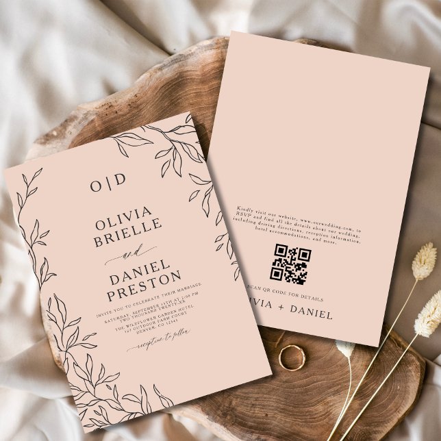 QR Code Blush Pink Minimal Leaf Wedding Invitation (Creator Uploaded)