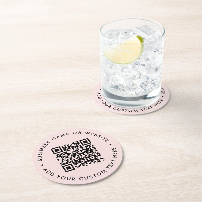 QR Code | Blush Pink Modern Feminine Girly Round Paper Coaster (Insitu)