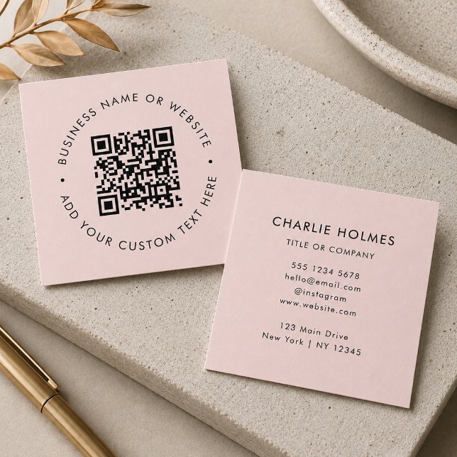 QR Code | Blush Pink Modern Professional Square Business Card (Interactive editable QR code square business cards to promote your business, products or services.)
