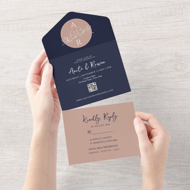 QR Code Blush Pink Navy Blue Wedding All In One Invitation (Tearaway)