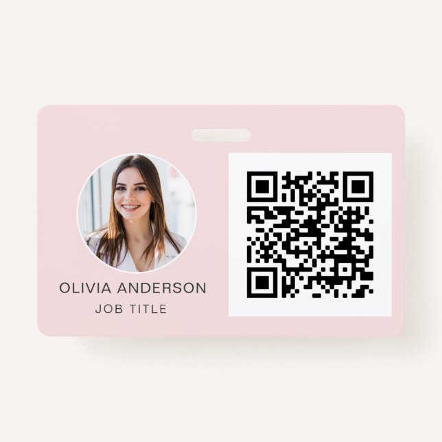 QR Code Blush Pink Photo Business Card ID Badge (Front)