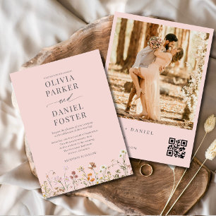 QR Code Blush Pink Photo Wildflower Wedding Invitation