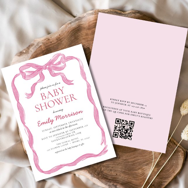 QR Code Blush Pink Ribbon Bow Girl Baby Shower Invitation (Creator Uploaded)