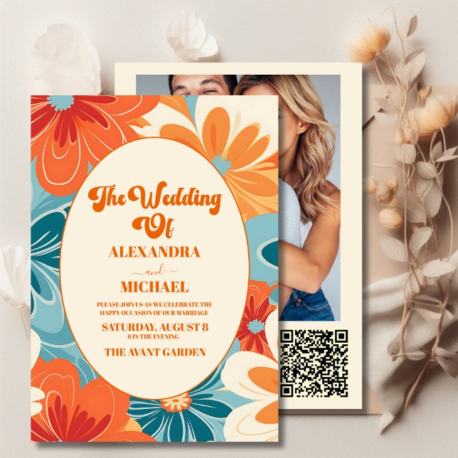 QR Code Boho Chic Retro Colourful Floral Wedding Invitation (Creator Uploaded)