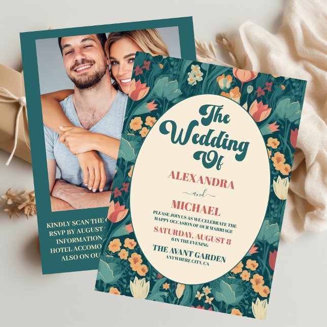 QR Code Boho Chic Retro Colourful Floral Wedding  Invitation (Creator Uploaded)