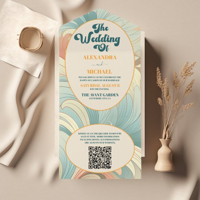 QR Code Boho Retro Colourful Floral Wedding  All In One Invitation (Creator Uploaded)