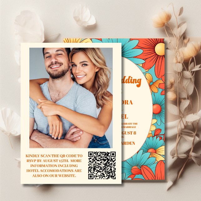 QR Code Boho Retro  Floral Wedding Invitation (Creator Uploaded)