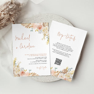 QR Code Boho Terracotta Pampas Floral Wedding Invitation