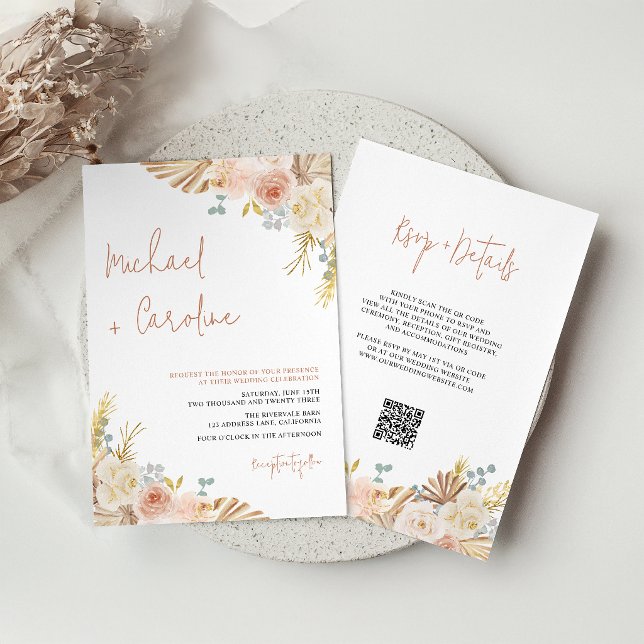 QR Code Boho Terracotta Pampas Floral Wedding Invitation (Creator Uploaded)