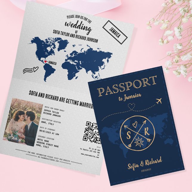 QR Code Boho Wedding Destination Passport Map  Invitation (Creator Uploaded)
