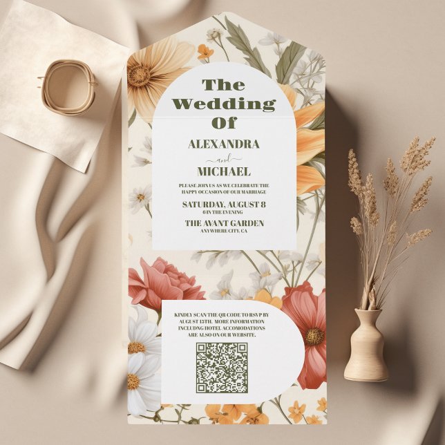 QR Code Boho Wildflower Botanical Wedding All In One Invitation (Creator Uploaded)