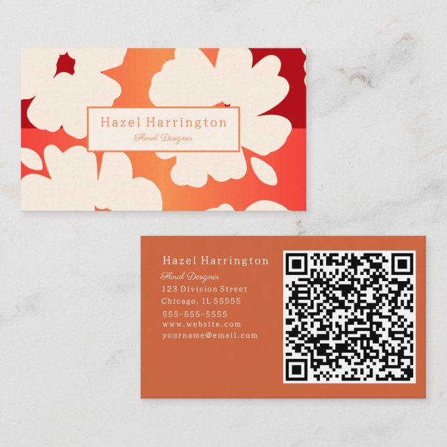 QR Code Bold Floral Business Card Reds Oranges (Front/Back)