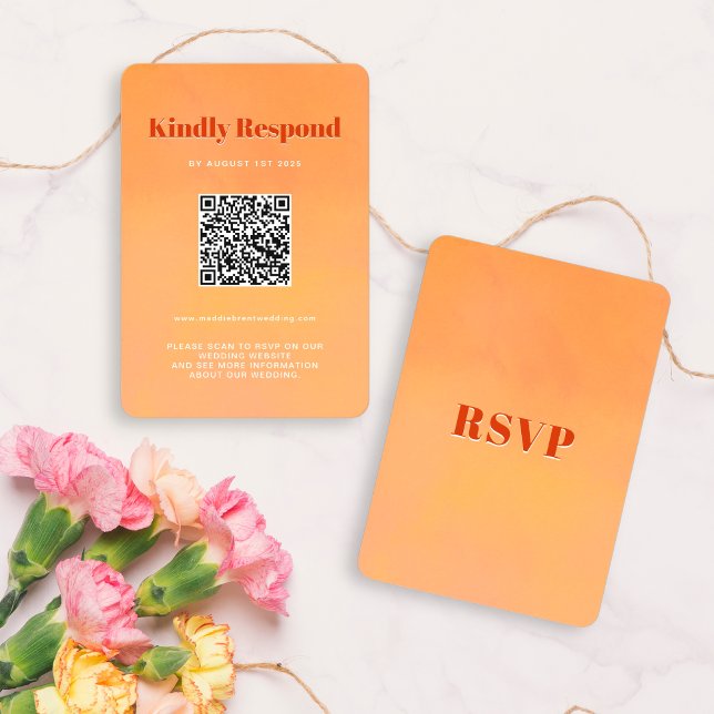 QR Code Bold Modern Orange Sunset Wedding RSVP Card (Creator Uploaded)