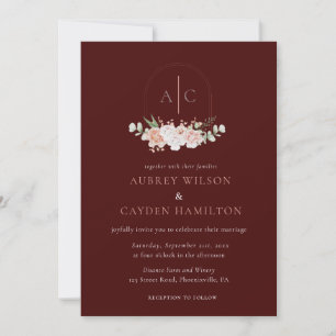 QR Code Botanical Monogram Burgundy Wedding Invitation