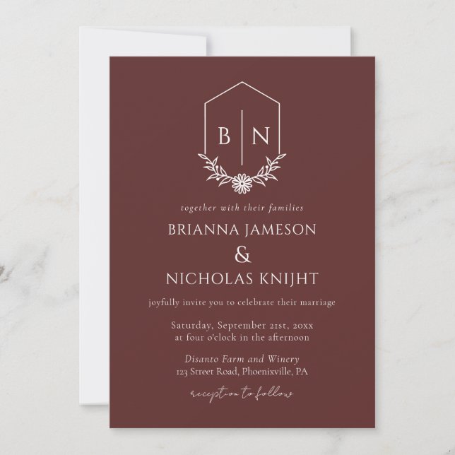 QR Code Botanical Monogram Burgundy Wedding Invitation (Front)
