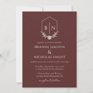 QR Code Botanical Monogram Burgundy Wedding Invitation