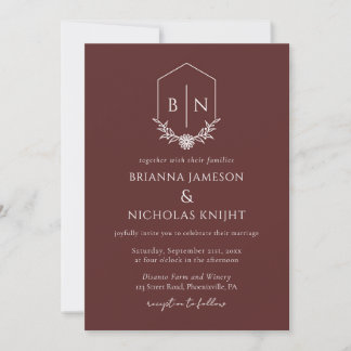 QR Code Botanical Monogram Burgundy Wedding Invitation