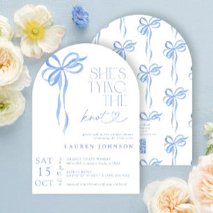 QR Code Bow She's Tying the Knot Blue Shower Invitation
