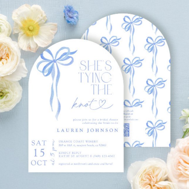 QR Code Bow She's Tying the Knot Blue Shower Invitation (Creator Uploaded)