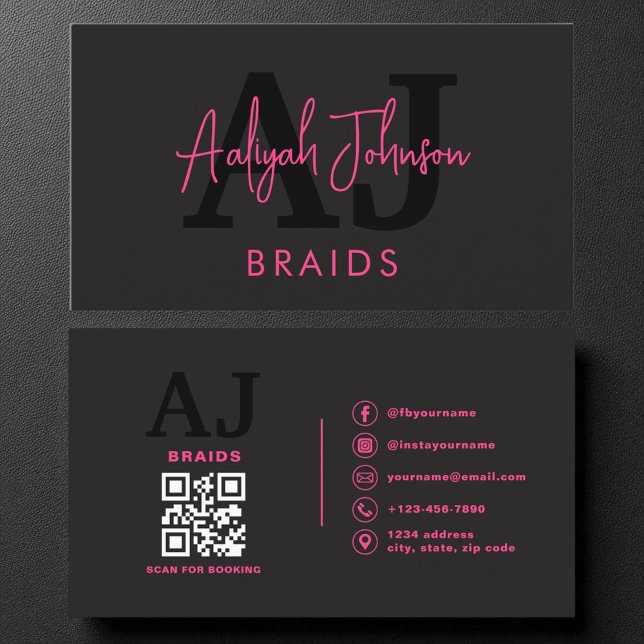 QR Code Braids Hair Stylist Modern Typography  Business Card (Creator Uploaded)
