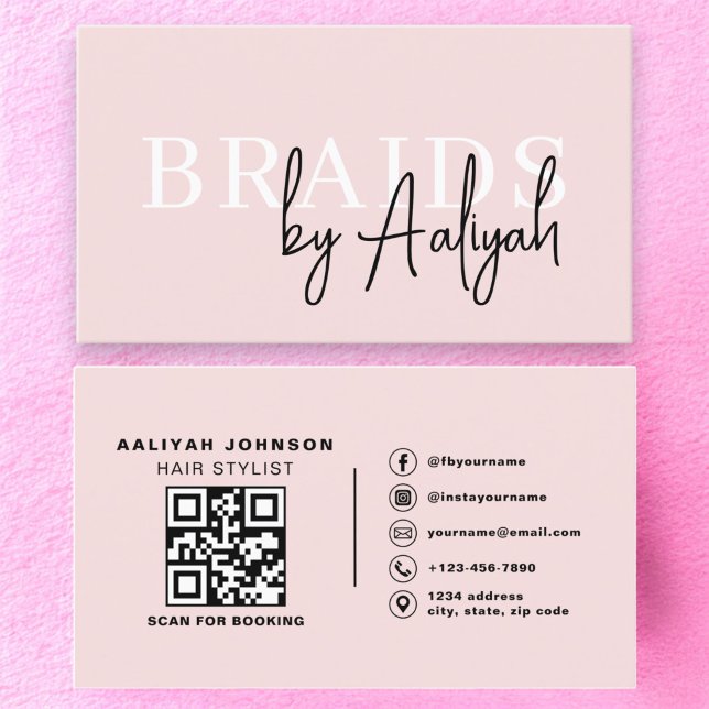 QR Code Braids Hair Stylist Modern Typography  Business Card (Creator Uploaded)