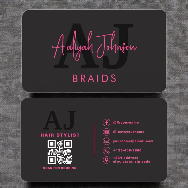 QR Code Braids Hair Stylist Modern Typography  Business Card (Creator Uploaded)