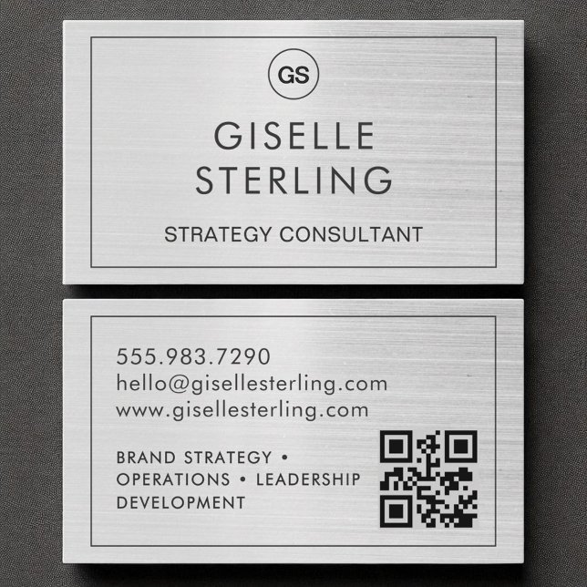 QR Code Brushed Silver Monogram Modern Business Card (Creator Uploaded)