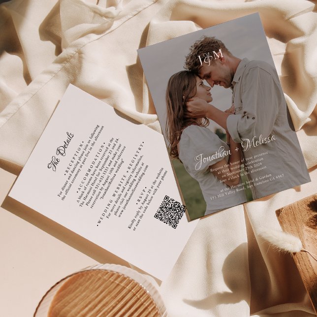 QR Code Budget All in One Monogram Overlay Wedding Invitation (Creator Uploaded)