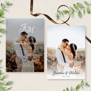 QR Code Budget Monogram Script 2 Photo Wedding Invitation