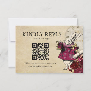 QR Code Burgundy Alice in Wonderland Wedding RSVP Card