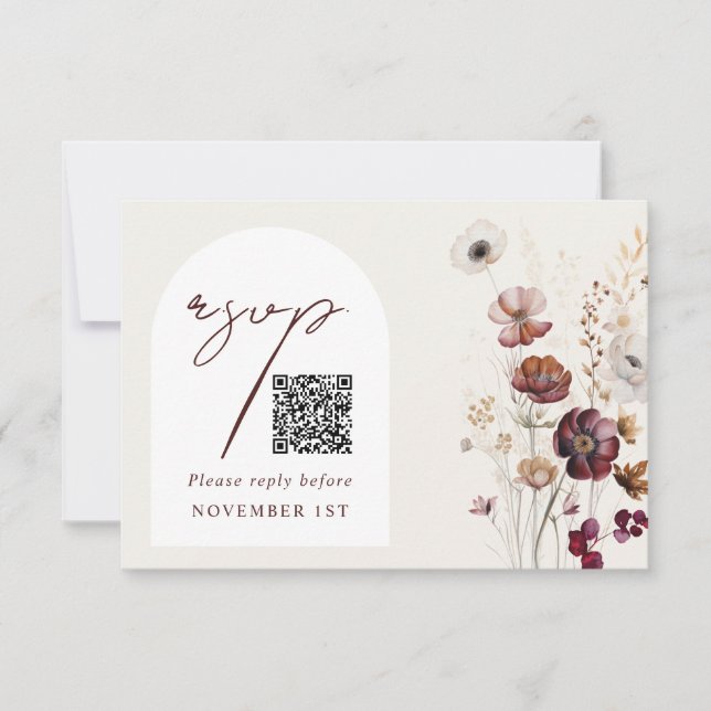 QR Code Burgundy Anemone Arch Floral Wedding RSVP Card (Front)