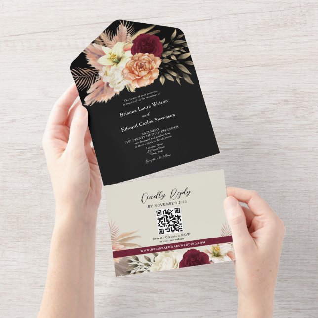 QR Code Burgundy Black Floral Wedding All In One Invitation (Tearaway)
