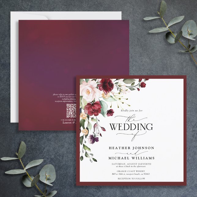 QR Code Burgundy Blush Floral Watercolor Script Invitation (Creator Uploaded)