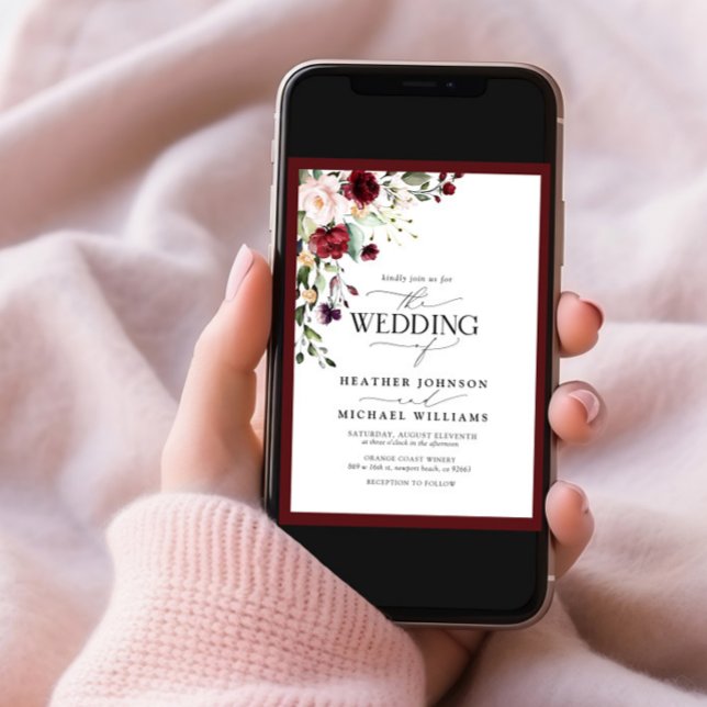 QR Code Burgundy Blush Floral Watercolor Script Invitation (Creator Uploaded)