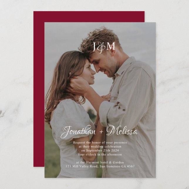 QR Code Burgundy Budget Monogram Overlay Wedding Invitation (Front/Back)
